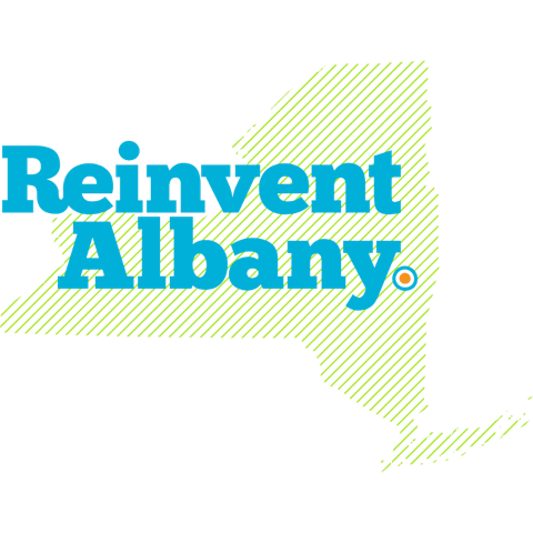 Logo for Reinvent Albany. The background is white and features a stripped green outline of New York state, with the words "Reinvent Albany" on top, in blue.