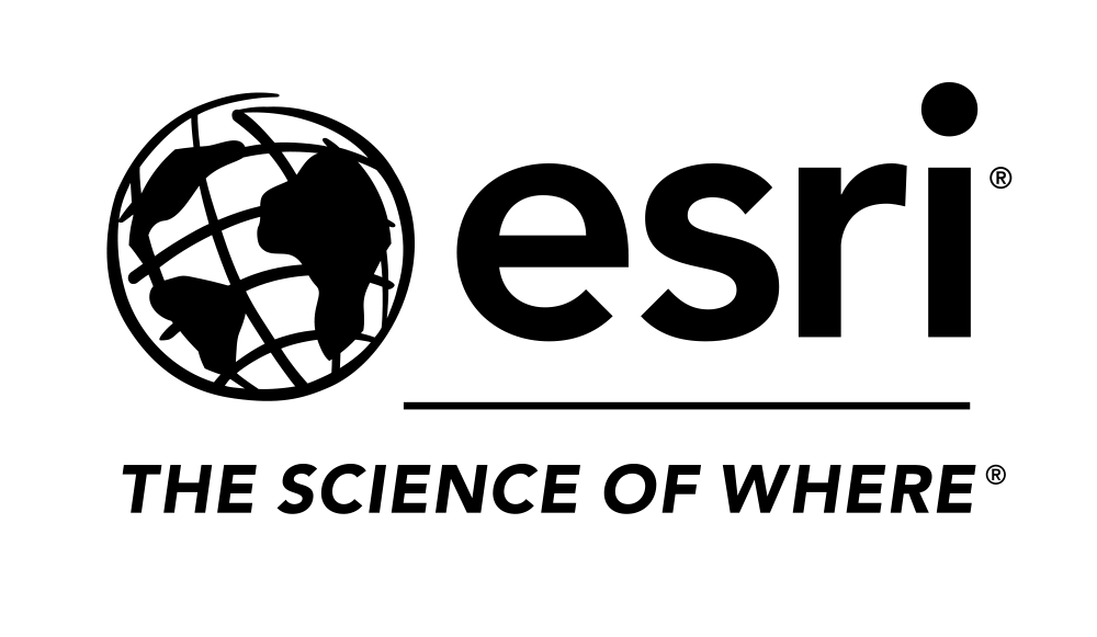 A white background and black text that reads "esri." To the left is a black globe. Underneath is an underline, followed by the following words written in black: "The science of where."