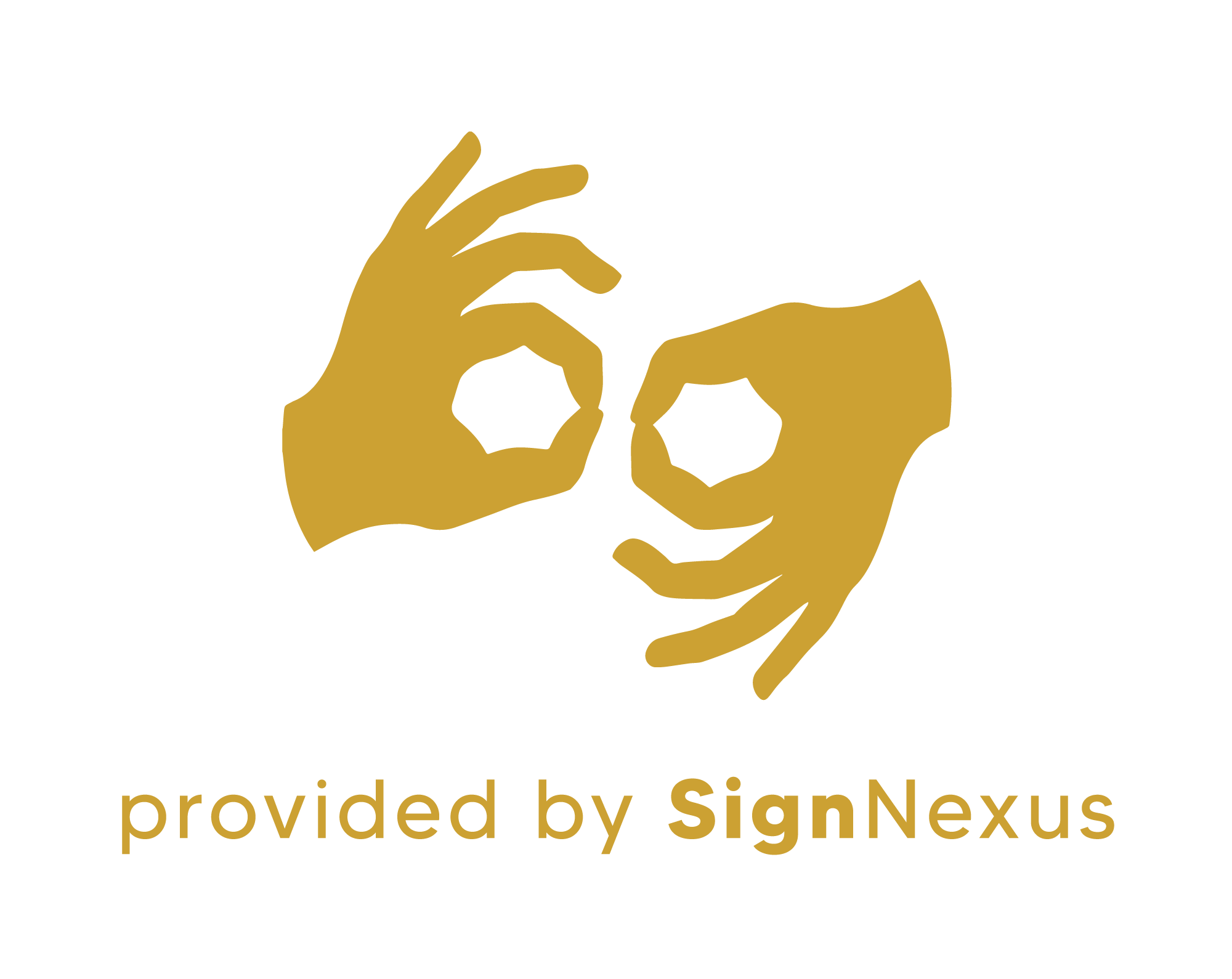 Two gold hands are in the American Sign Language interpretation symbol. Below is a caption that reads "provided by SignNexus."