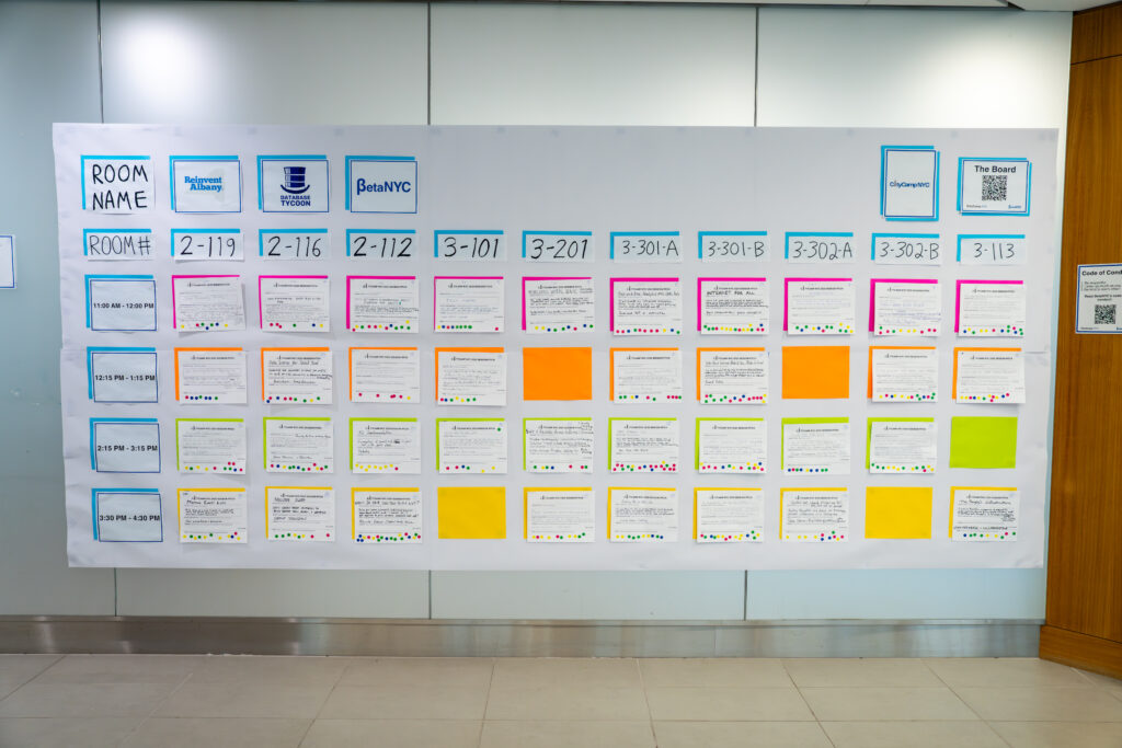 Unconference session board with populated sessions.